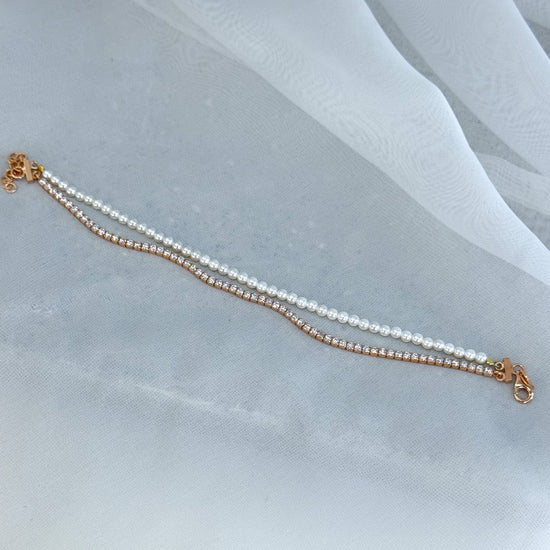Bracciale doppio filo perle e tennis zirconi argento rosé - Lumiere Bijoux