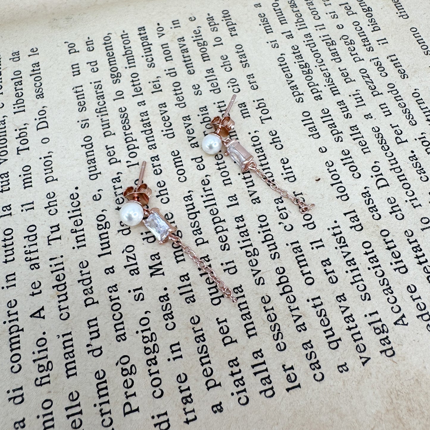 Coppia orecchini microperla lobo zircone baguette e catenella - Lumiere Bijoux