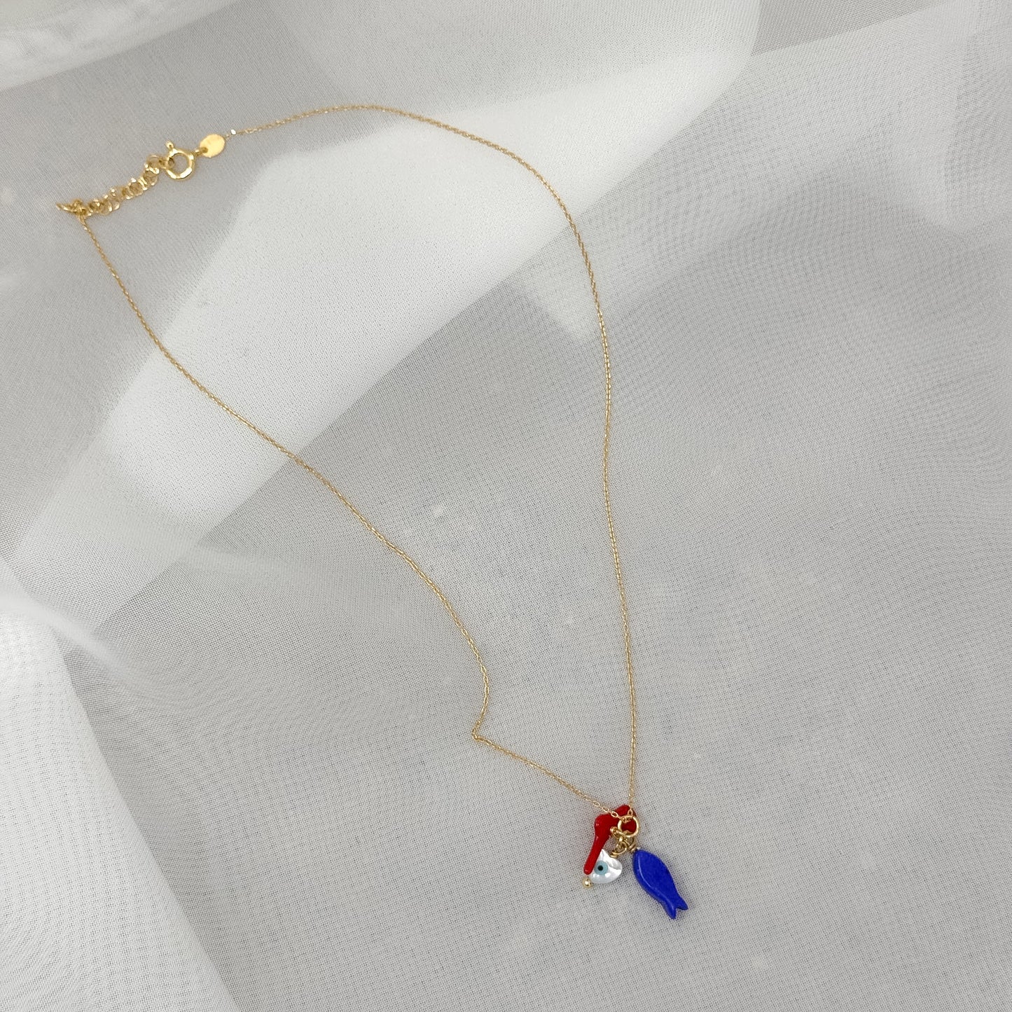 Collana catena forzatina Amar cm 40 con pesce e occhio pendente in argento 925 - Lumiere Bijoux