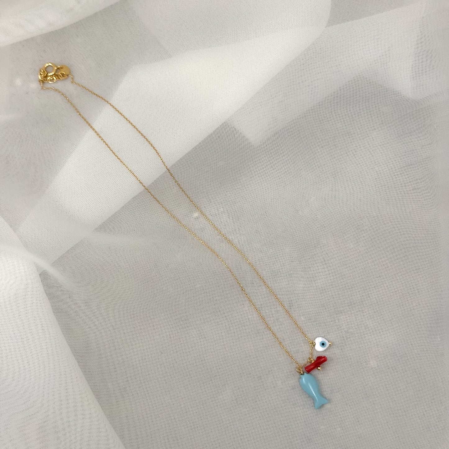 Collana catena forzatina Amar cm 40 con pesce e occhio pendente in argento 925 - Lumiere Bijoux