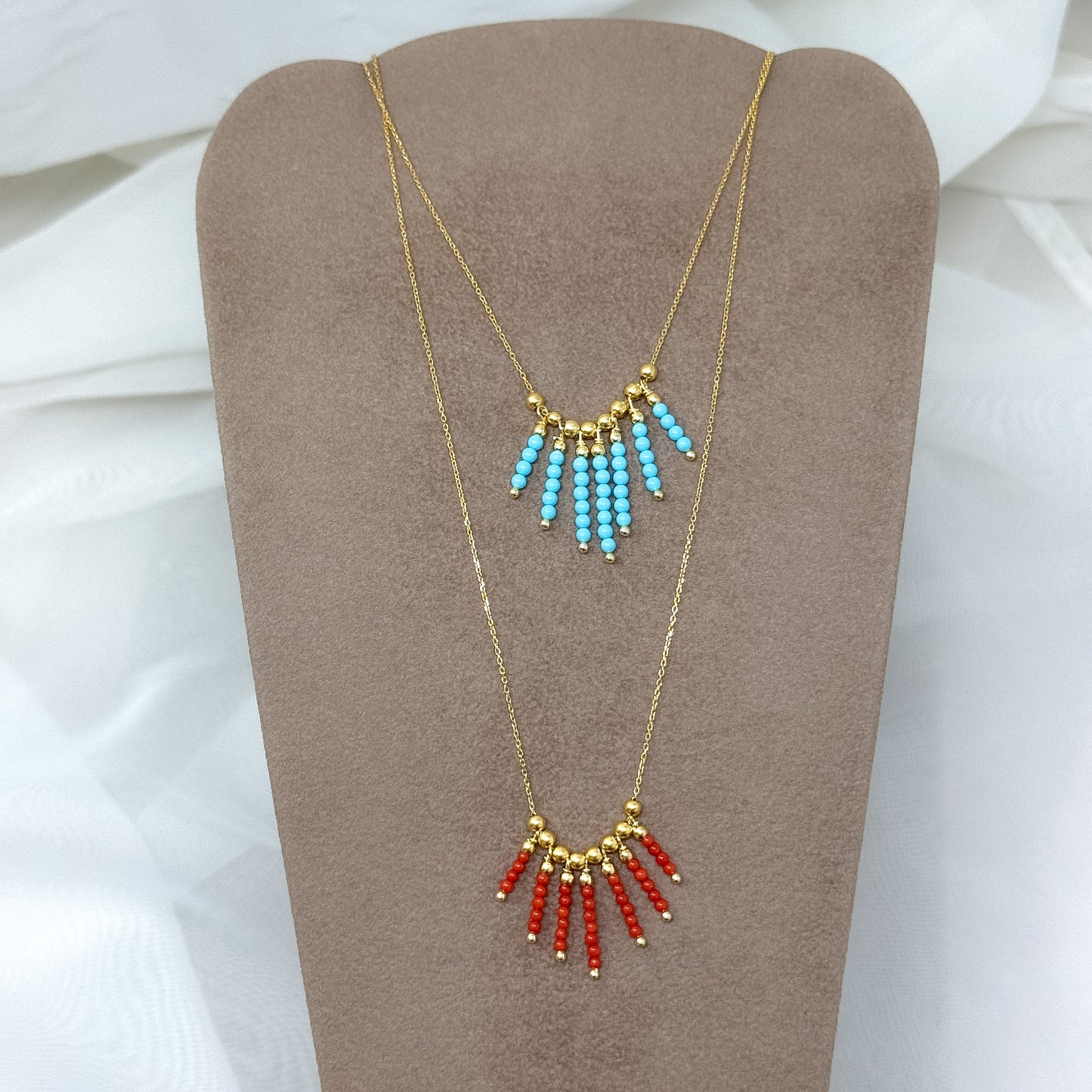 Collana cm 40 ventaglio perle Miyuki turchese e corallo in argento 925 - Lumiere Bijoux