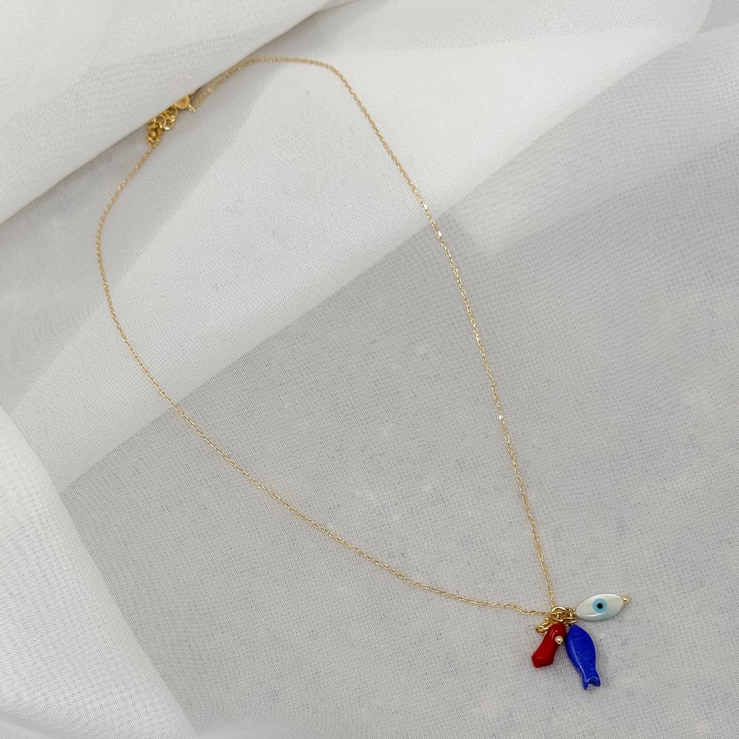 Collana catena forzatina Amar cm 40 con pesce e occhio pendente in argento 925 - Lumiere Bijoux