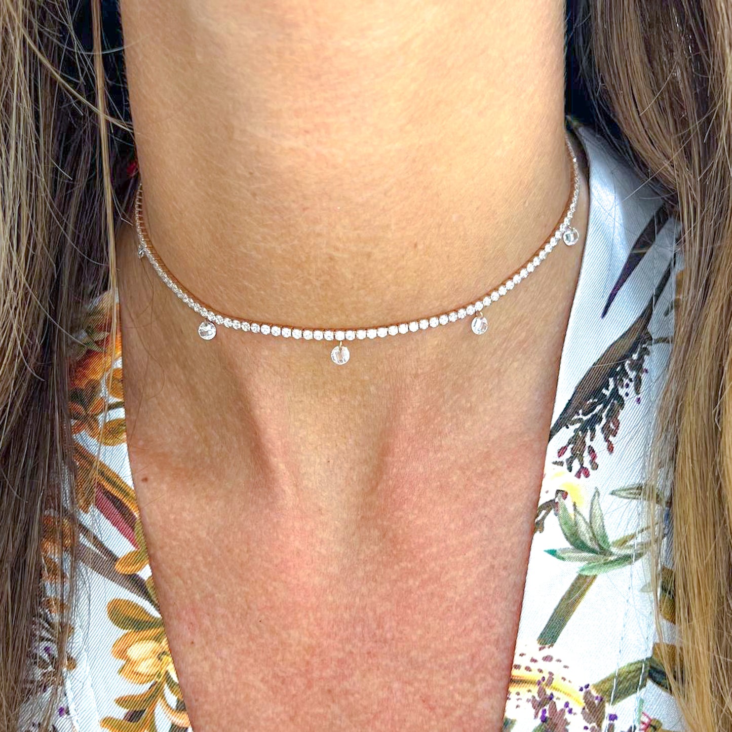 Collana choker tennis con 5 gocce di microcristalli tondi pendenti - Lumiere Bijoux