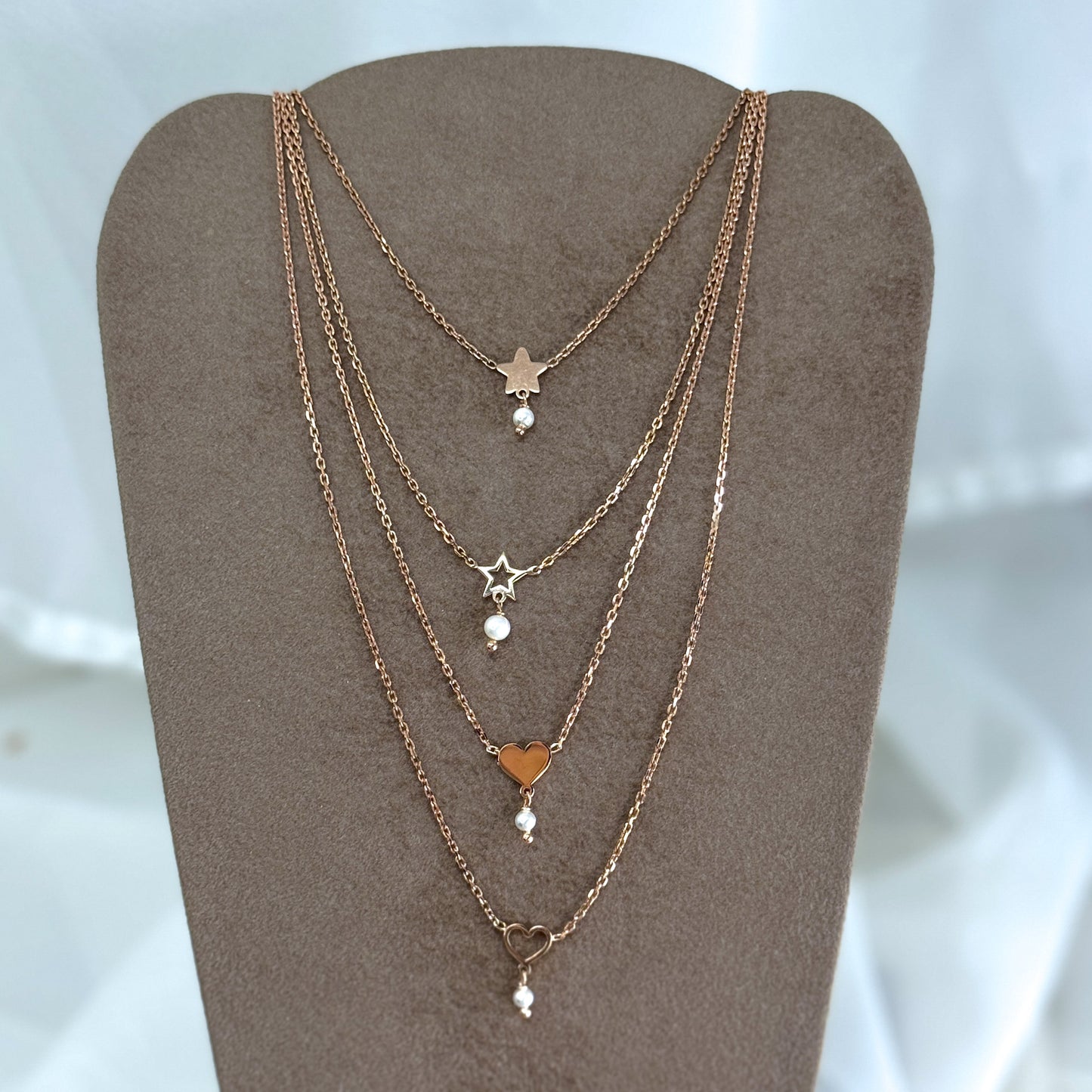 Collana catena forzatina rosé con micro stella o cuore in linea e piccola perla bianca pendente - cm38 - Lumiere Bijoux