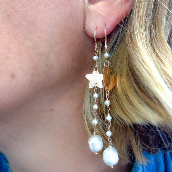 Coppia orecchini pendenti con stella e cuore battuto pendnete rado perle con perla sassetto finale - Lumiere Bijoux