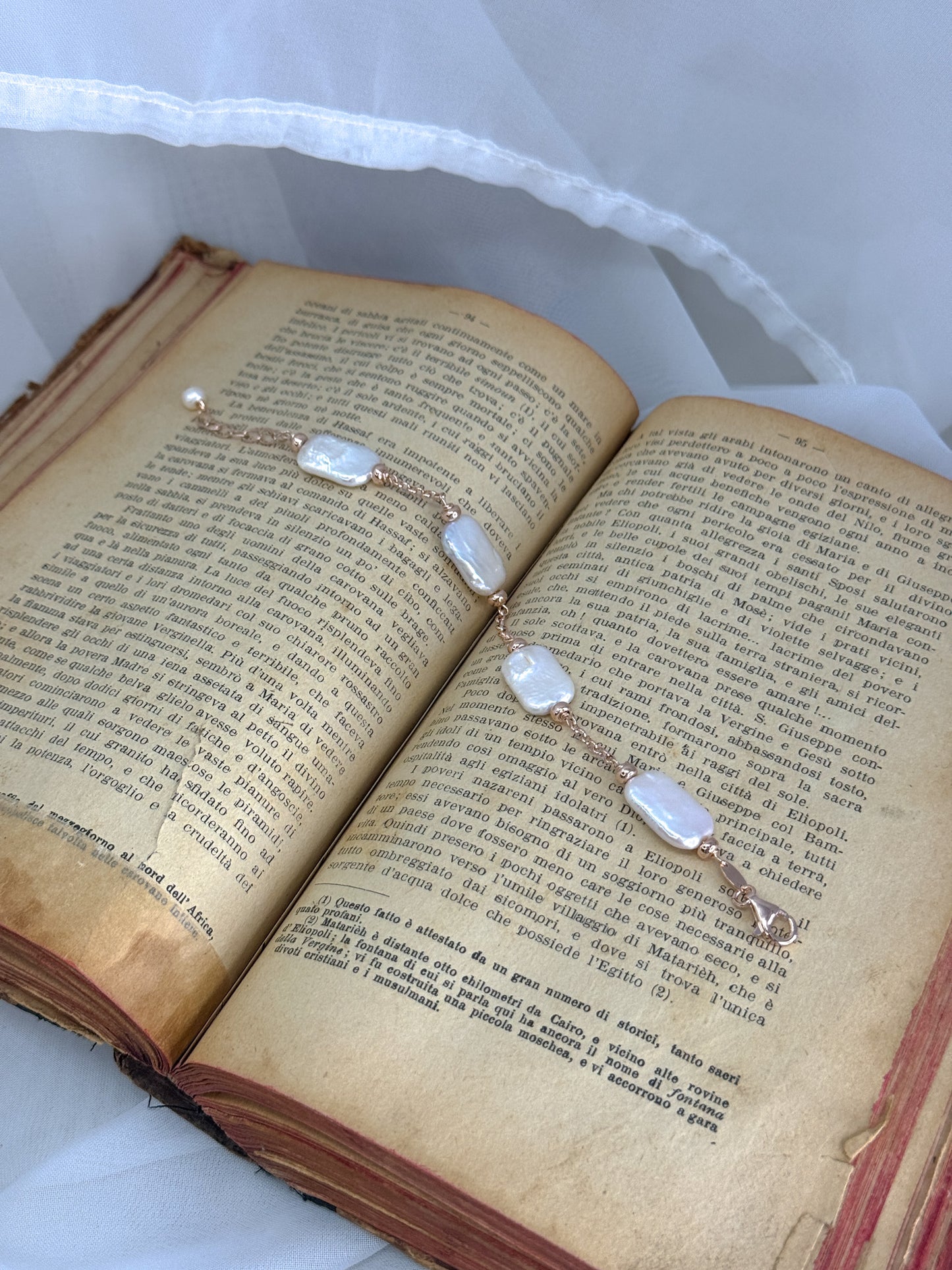 Bracciale catena rolò alternata da perle rettangolari bianche - Lumiere Bijoux