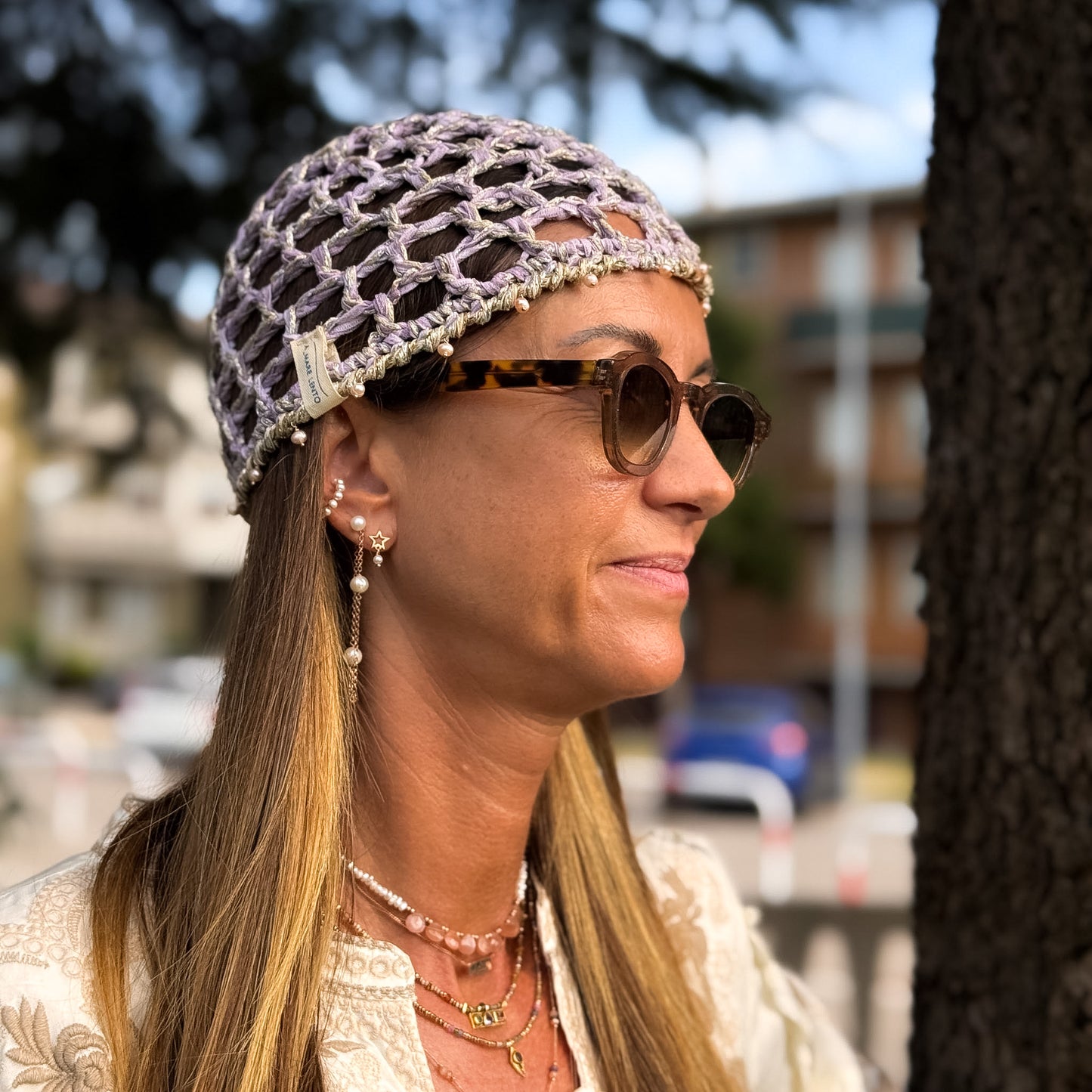 Cupolina Uncinetto filo lilla e argento con Perle Naturali rosa - Pezzo unico - Collab A_MARELENTO (Copia) - Lumiere Bijoux