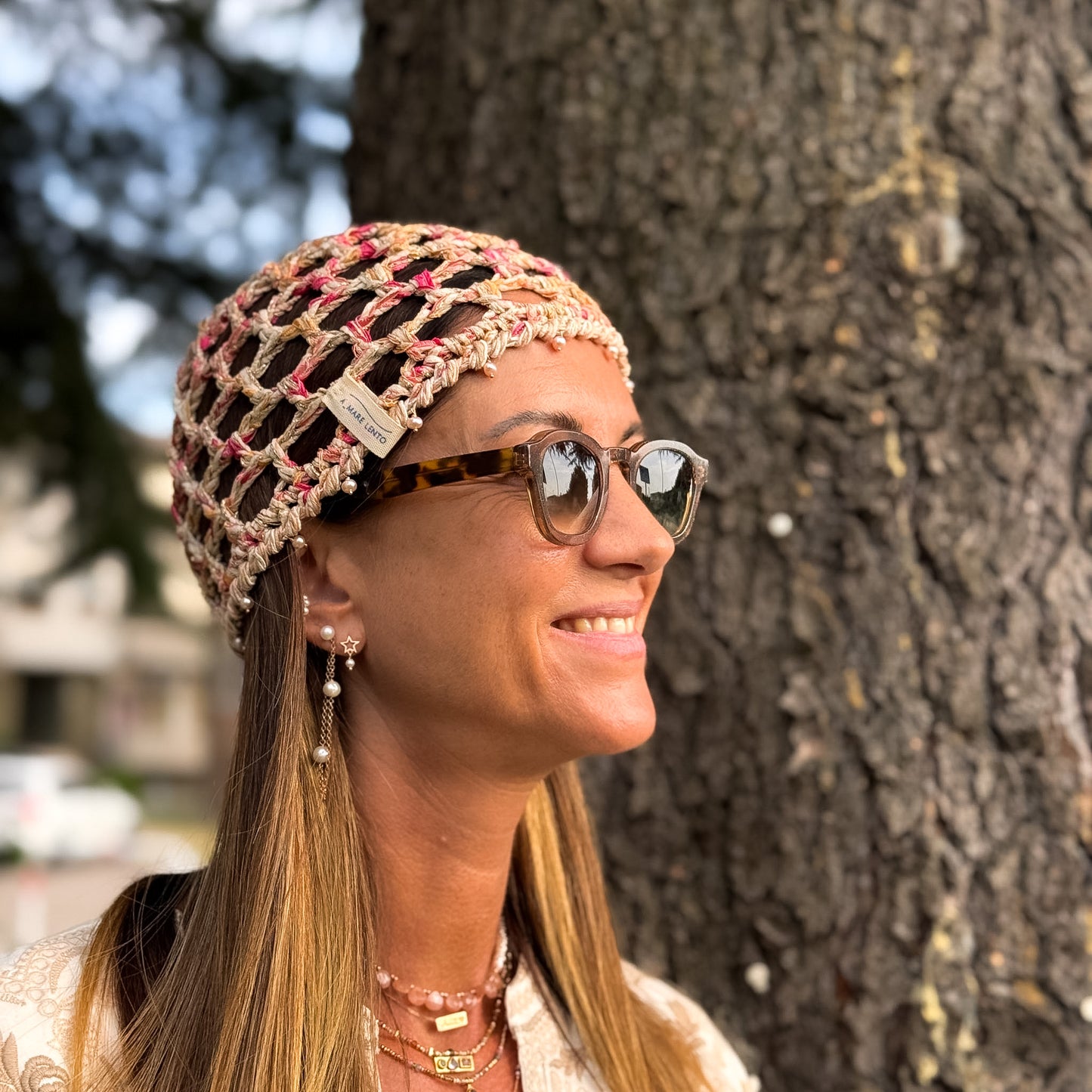 Cupolina Uncinetto cipria pesca e fragola con perle naturali rosa - Pezzo unico - Collab A_MARELENTO - Lumiere Bijoux