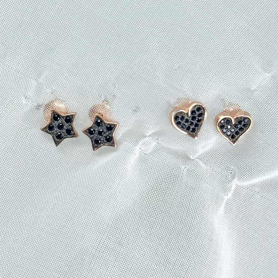 Orecchini a lobo base rosé e rutenio con zirconi neri a forma di cuore o stella - Lumiere Bijoux