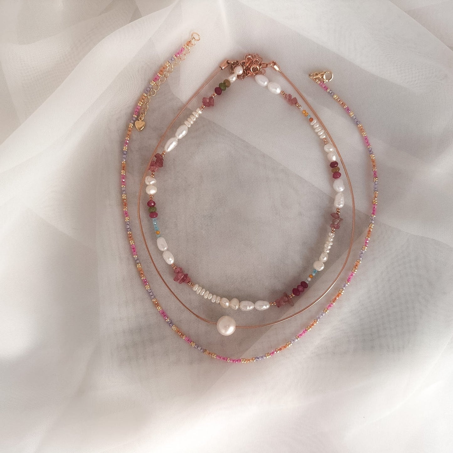 Collana con perle e pietre turchese e tormalina rosa argento 925- cm35/40 - Lumiere Bijoux