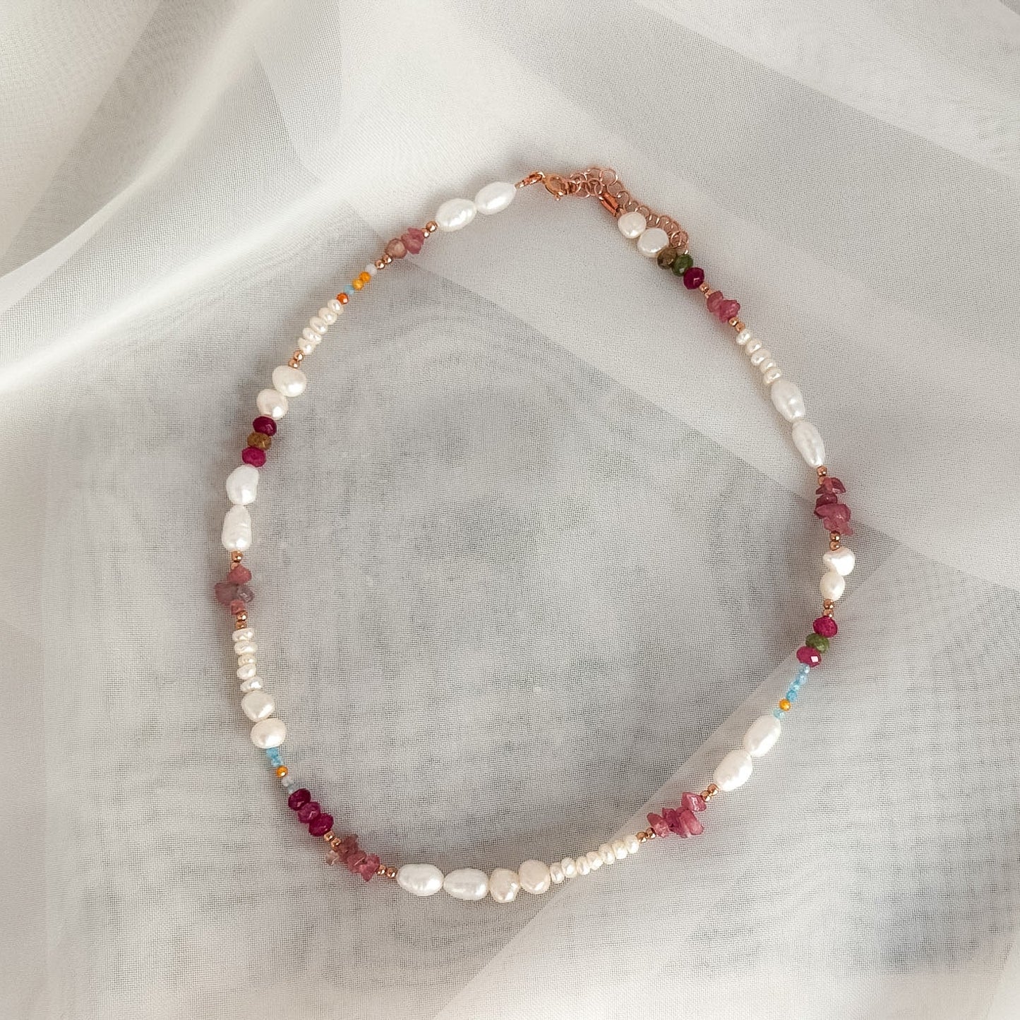 Collana con perle e pietre turchese e tormalina rosa argento 925- cm35/40 - Lumiere Bijoux