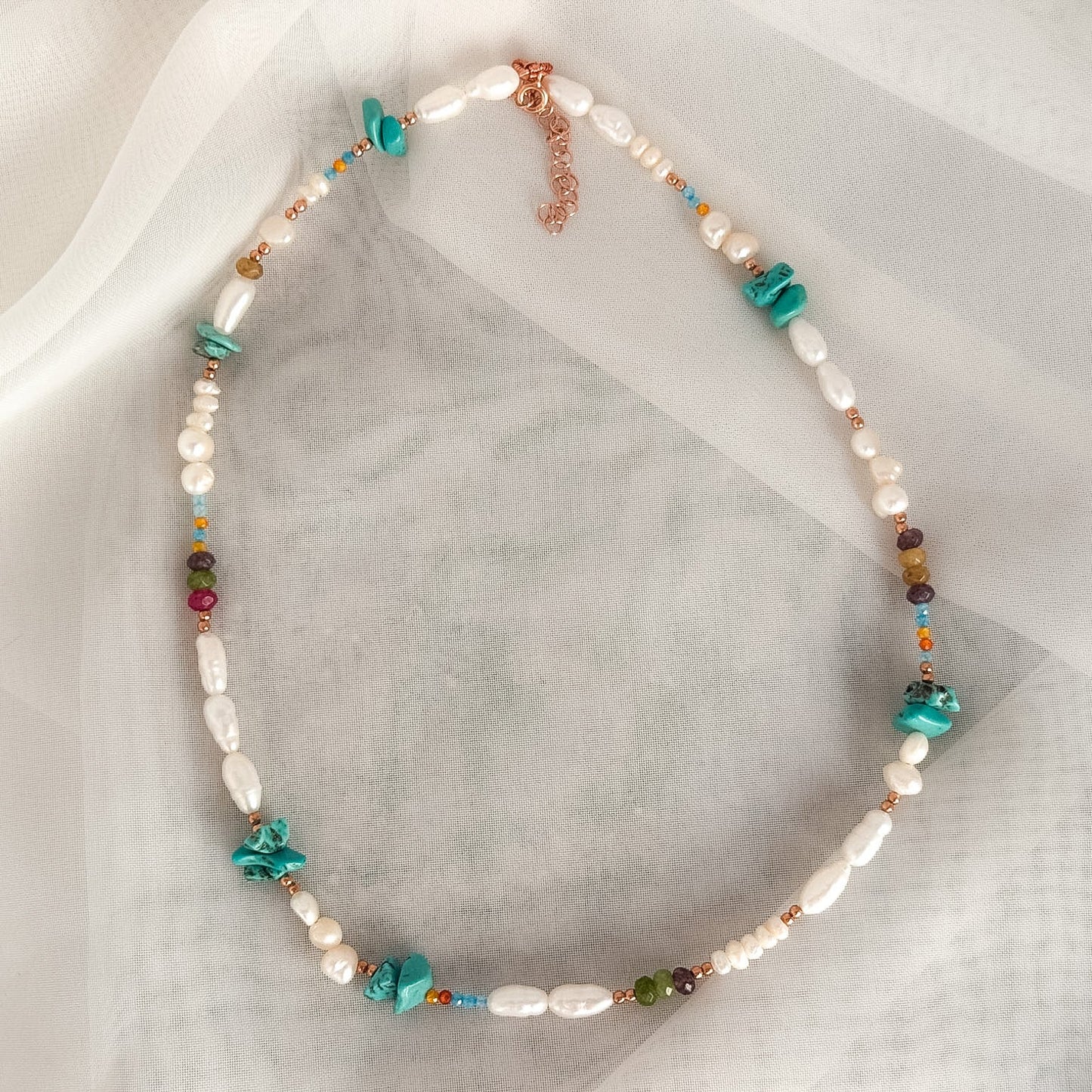 Collana con perle e pietre turchese e tormalina rosa argento 925- cm35/40 - Lumiere Bijoux
