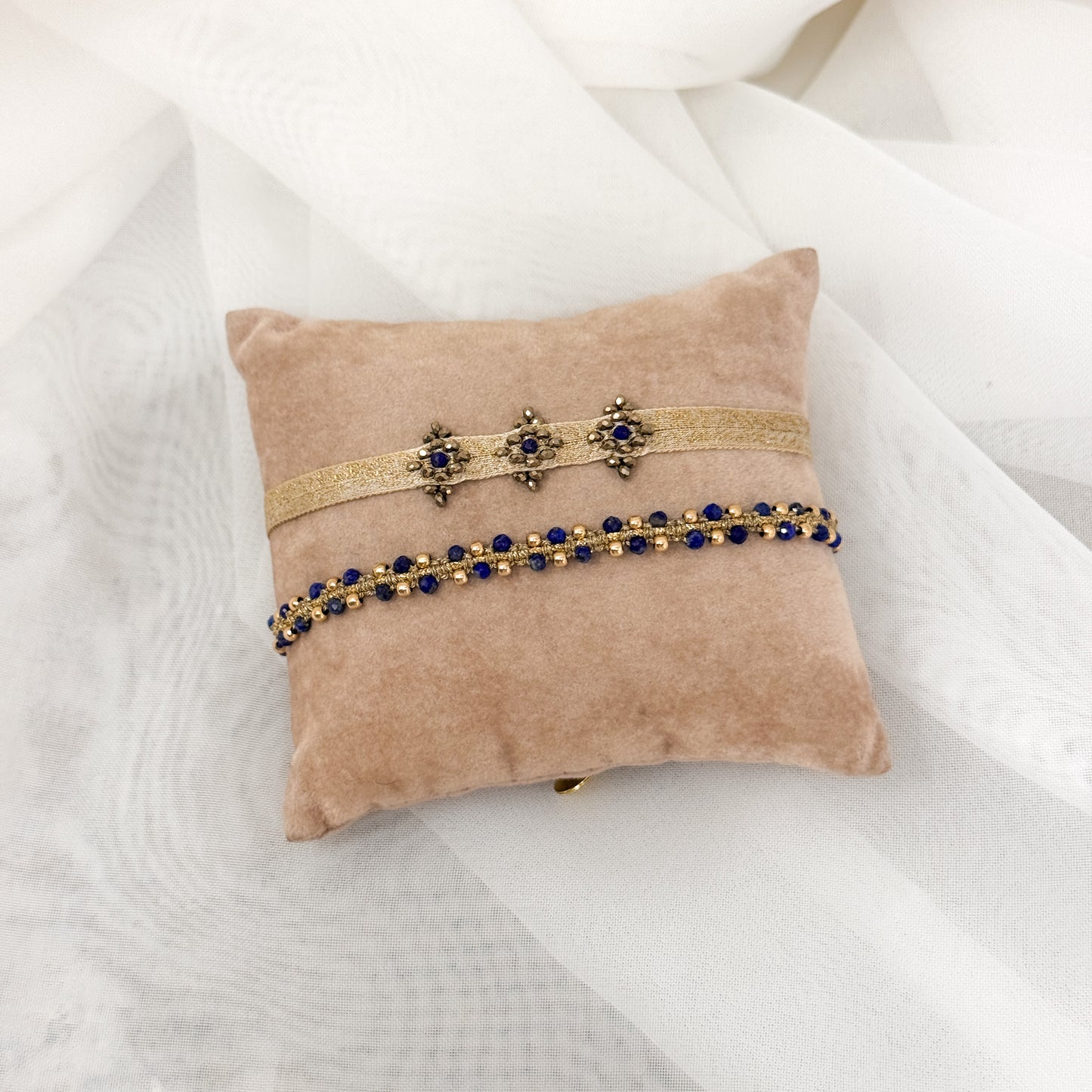 Bracciale Parigi pietre semi preziose lapislazzuli regolabile con tessuto lurex - Lumiere Bijoux