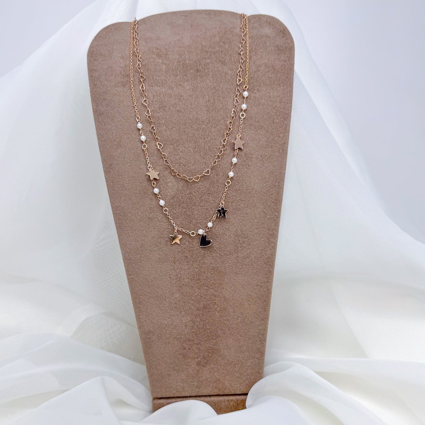 Collana due fili catena cuori e catena rollò con pendenti stella e cuore