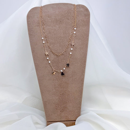 Collana due fili catena cuori e catena rollò con pendenti stella e cuore