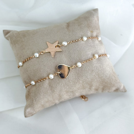 Bracciale catena rado perle perle con stella o cuore rosè in linea - Lumiere Bijoux