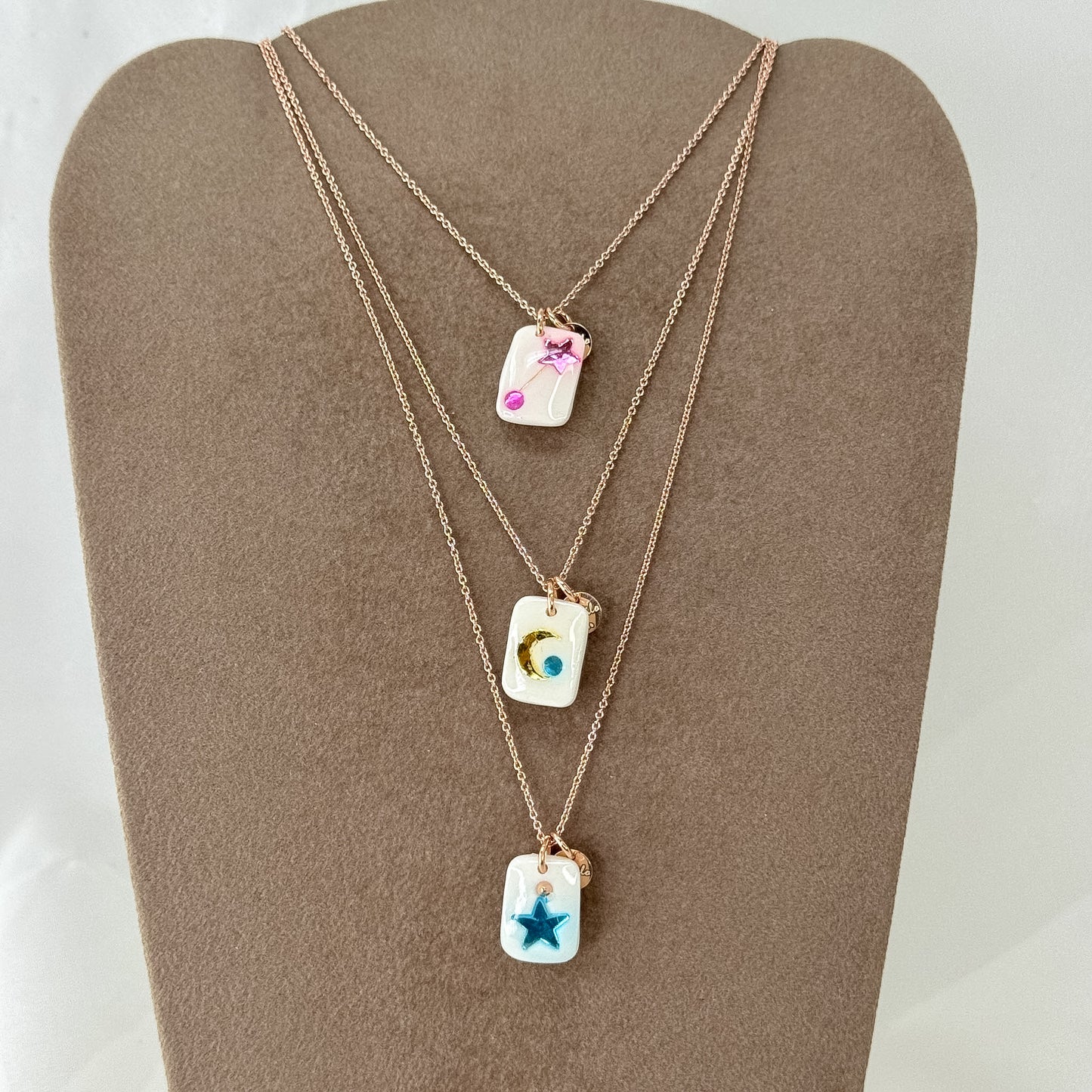 Collana cm40 Targhetta ceramica cipinta a cano con cristallo Swarovski Argento 925 Rosé - Lumiere Bijoux