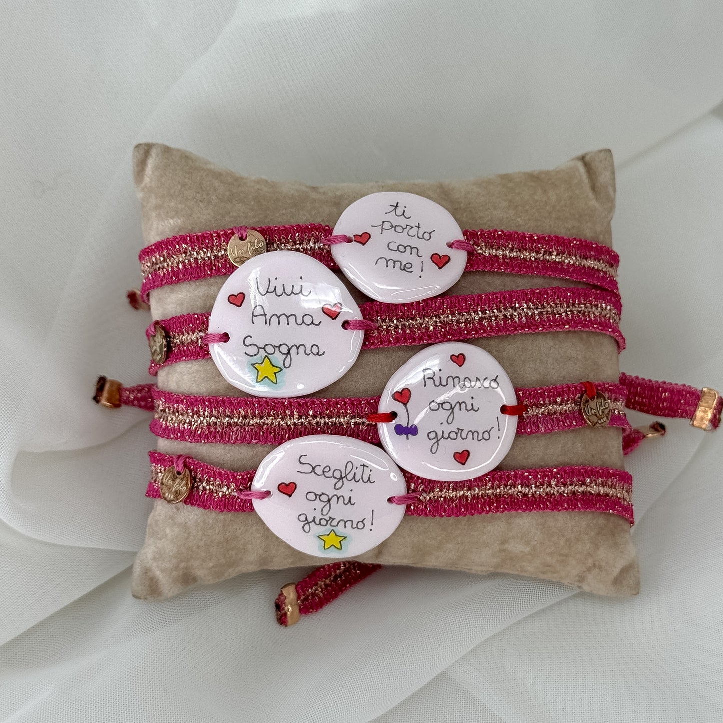Bracciale Lurex Rosa Oro con targhetta ceramica scritta a mano - Lumiere Bijoux