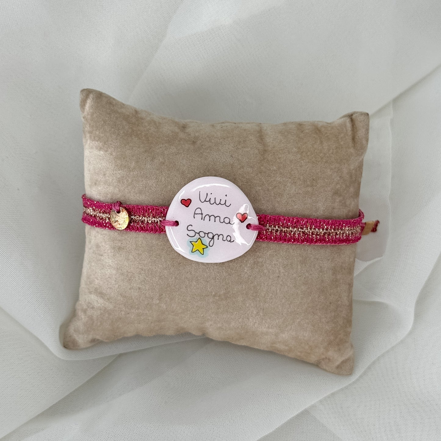 Bracciale Lurex Rosa Oro con targhetta ceramica scritta a mano - Lumiere Bijoux