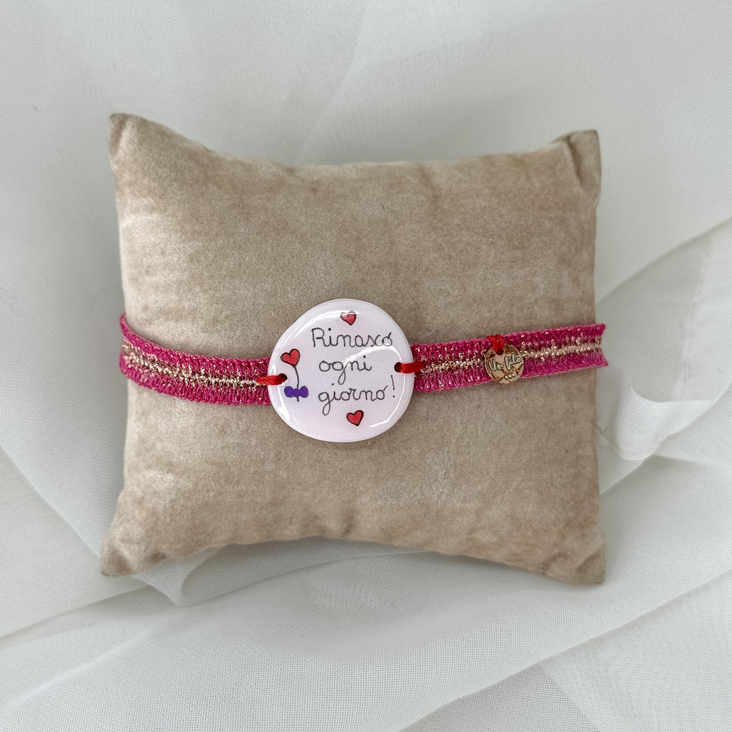 Bracciale Lurex Rosa Oro con targhetta ceramica scritta a mano - Lumiere Bijoux