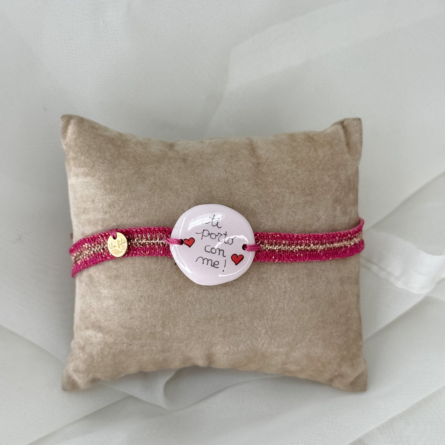 Bracciale Lurex Rosa Oro con targhetta ceramica scritta a mano - Lumiere Bijoux