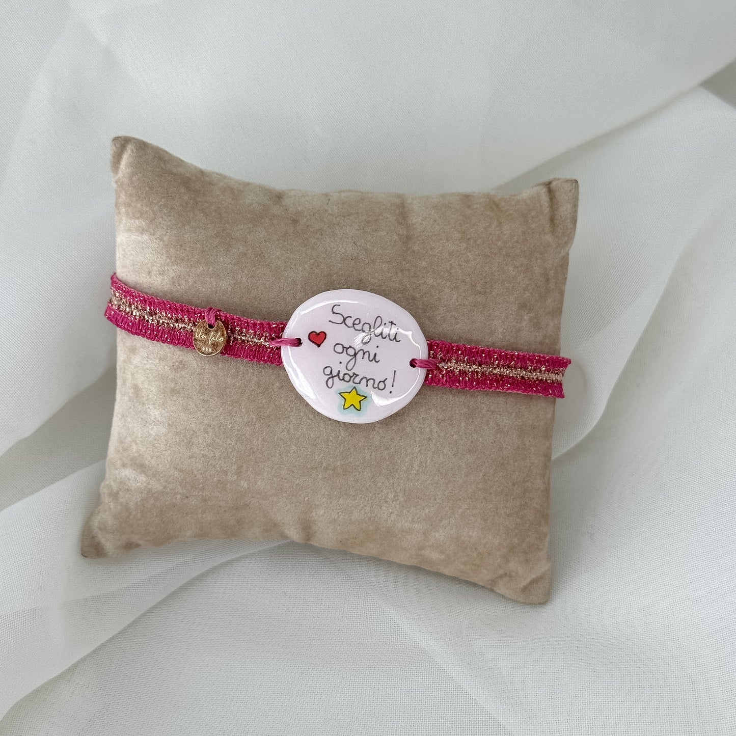 Bracciale Lurex Rosa Oro con targhetta ceramica scritta a mano - Lumiere Bijoux
