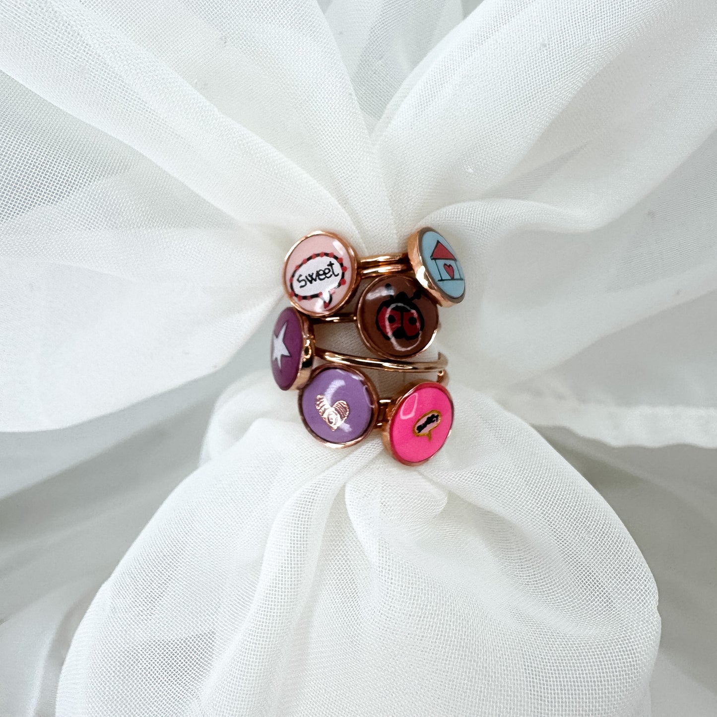 Anelli Regolabili Argento 925 Rosé con Bottone Ceramica dipinto a mano - Lumiere Bijoux