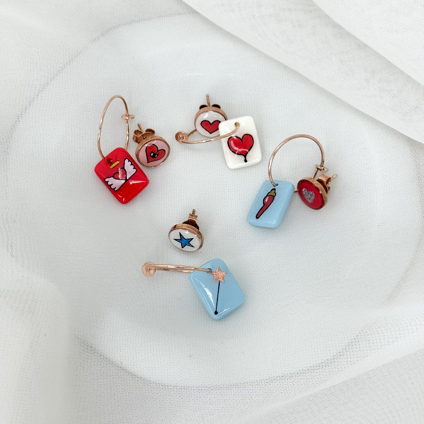 Coppia orecchini scoppiati argento 925 Rosé con ceramica dipinta a mano - Lumiere Bijoux