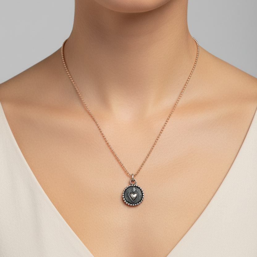 Collana catena militare diamantata rosè cm 50 con pendente tondo anticato - Lumiere Bijoux
