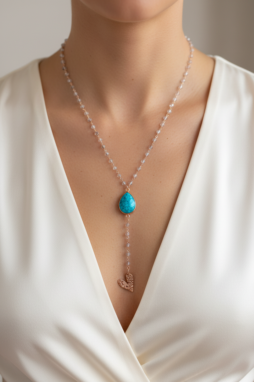 Collana lunga cm 60 con pietra di Parigi e pendenti battuti - pezzo unico - Lumiere Bijoux