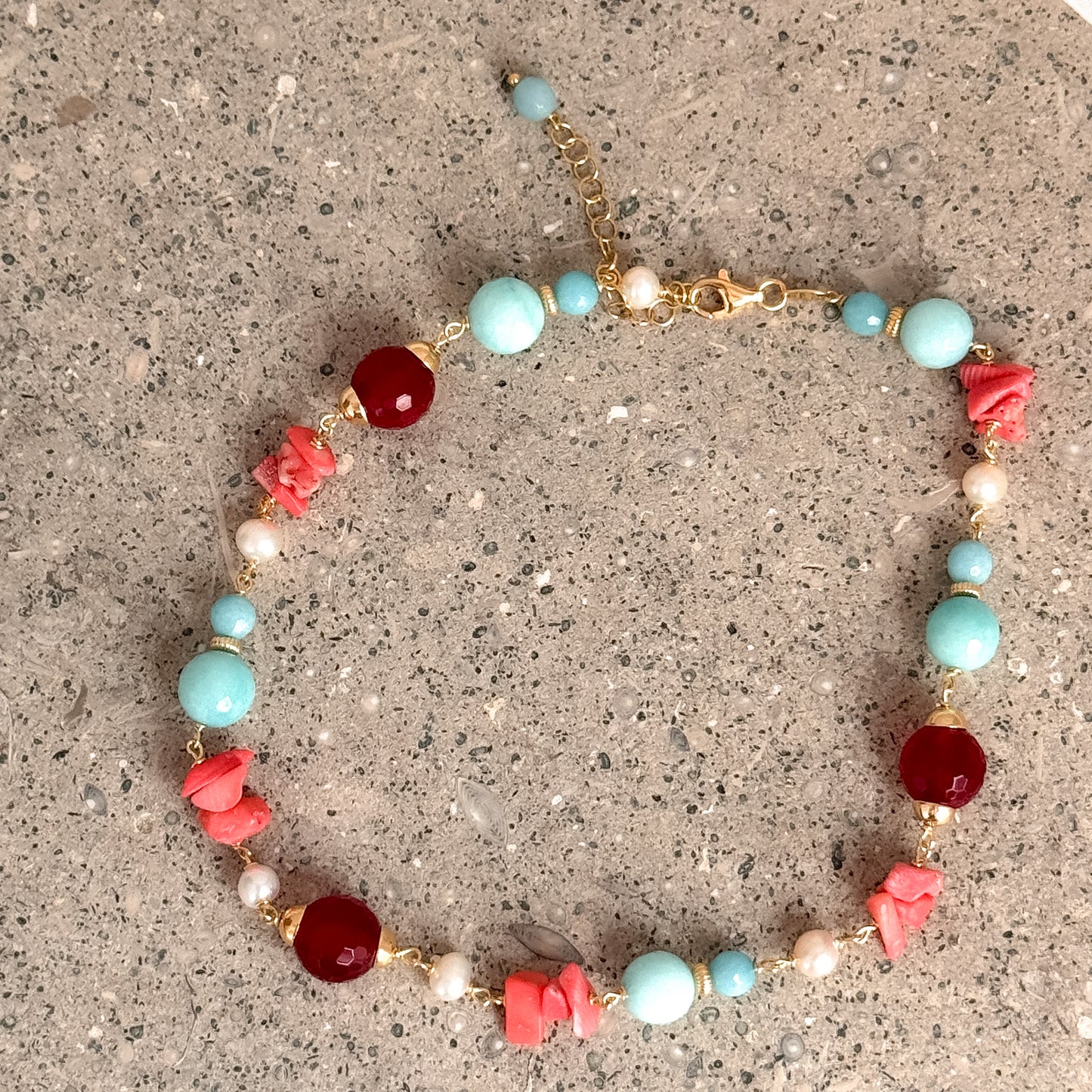 Collana 35 cm corallo - turchese e perle - In fondo al mar - Lumiere Bijoux