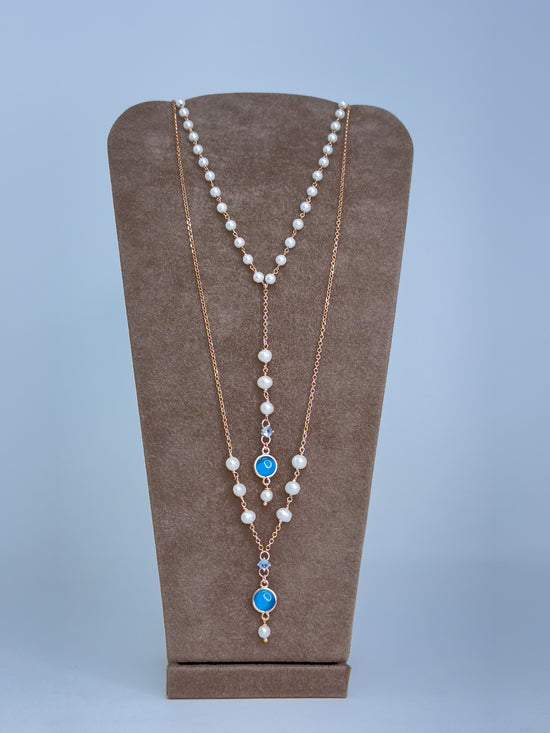 Collana unica 2 fili con perle bianche e pietre azzurre Summer love PEZZO UNICO