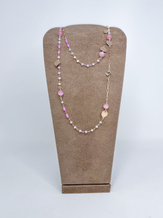 Collana lunga cristalli, perle e pietre naturali sfumati rosa e bianchi con cuori Summer love