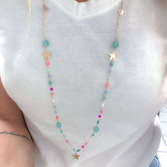 Collana cristalli,perle e pietre naturali sfumate multicolore con stelle Summer love