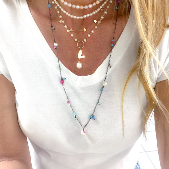 Collana catena rollò rutenio con perle e cristalli multicolore Summer love