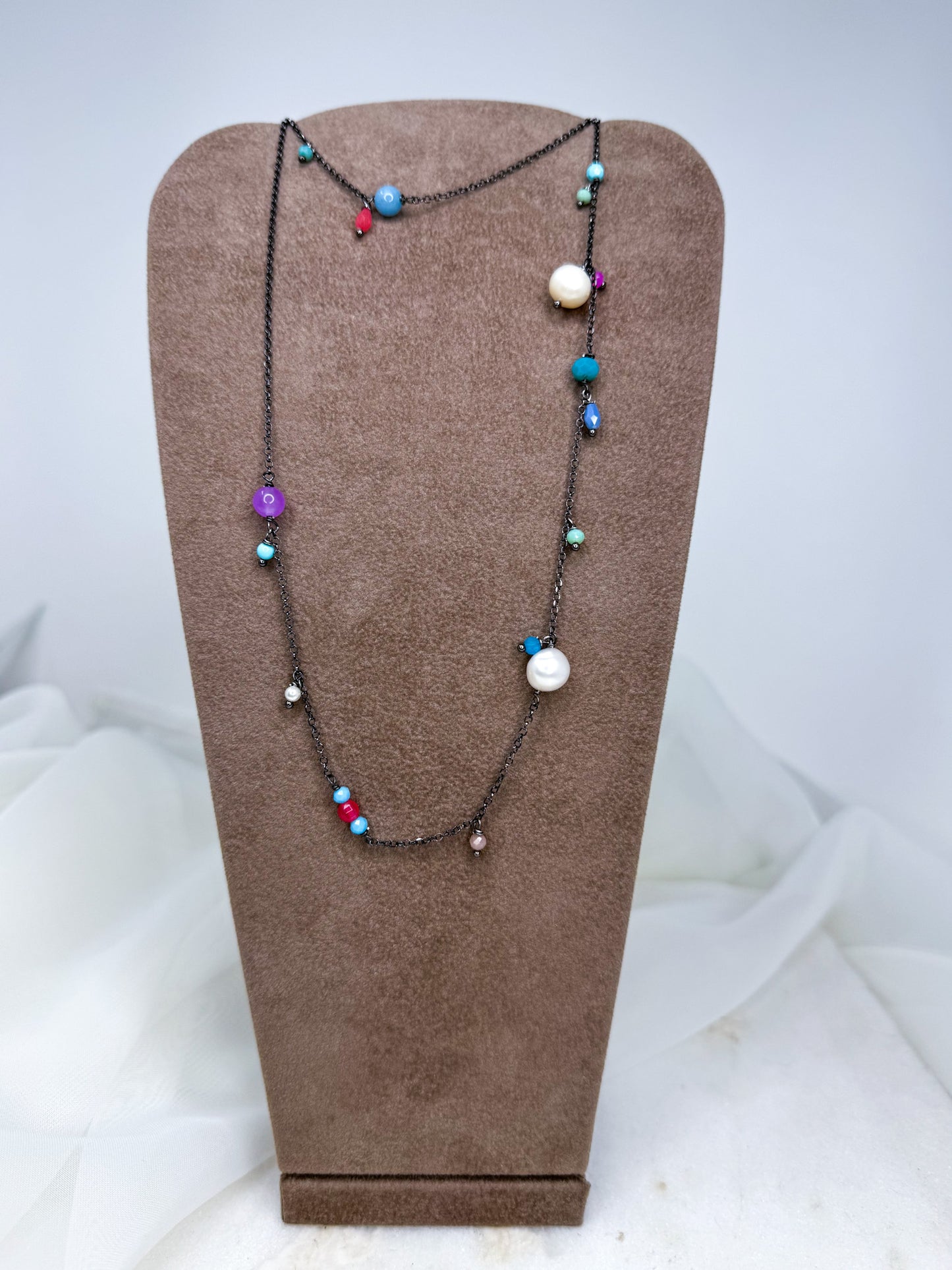 Collana catena rollò rutenio con perle e cristalli multicolore Summer love