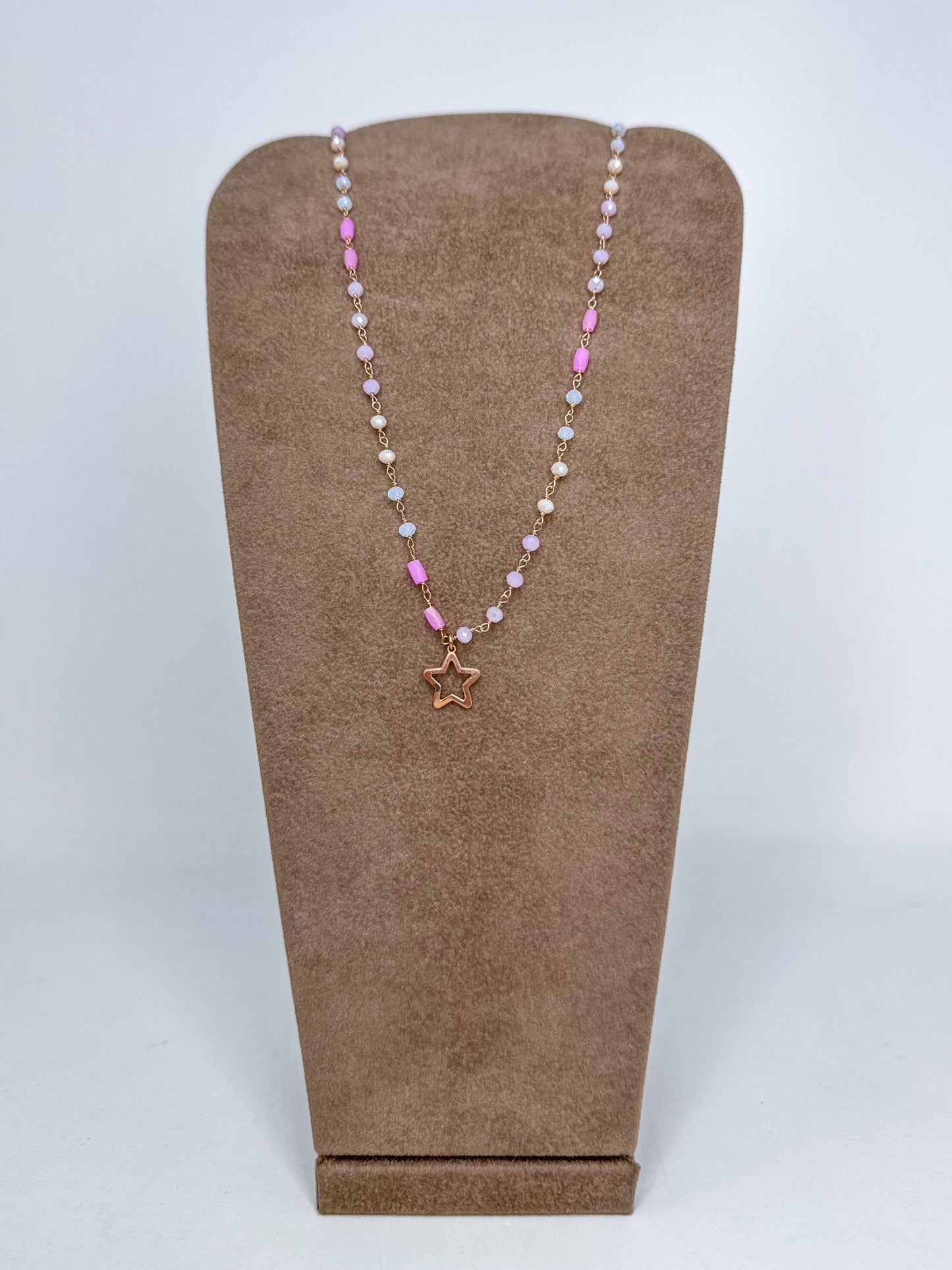 Collana cristalli rosa e lilla con stella vuota battuta Summer love