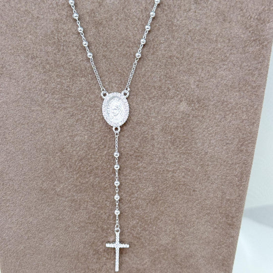 Collana rosario rodio cm 50 con madonnina e croce pendente