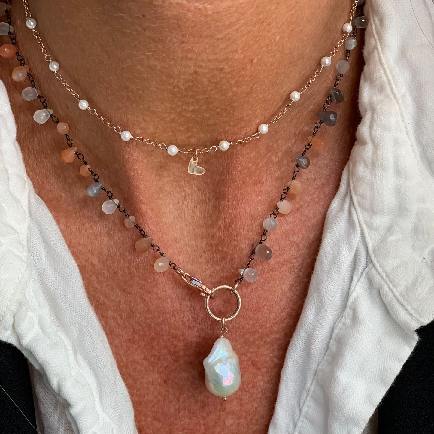 Collana magica lunga trasformabile cm 75 argento con pietra di luna e perla barocca - Lumiere Bijoux
