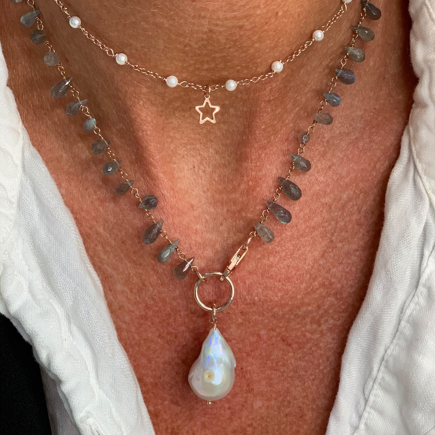 Collana magica lunga trasformabile cm 75 argento con labradorite e perla barocca - Lumiere Bijoux