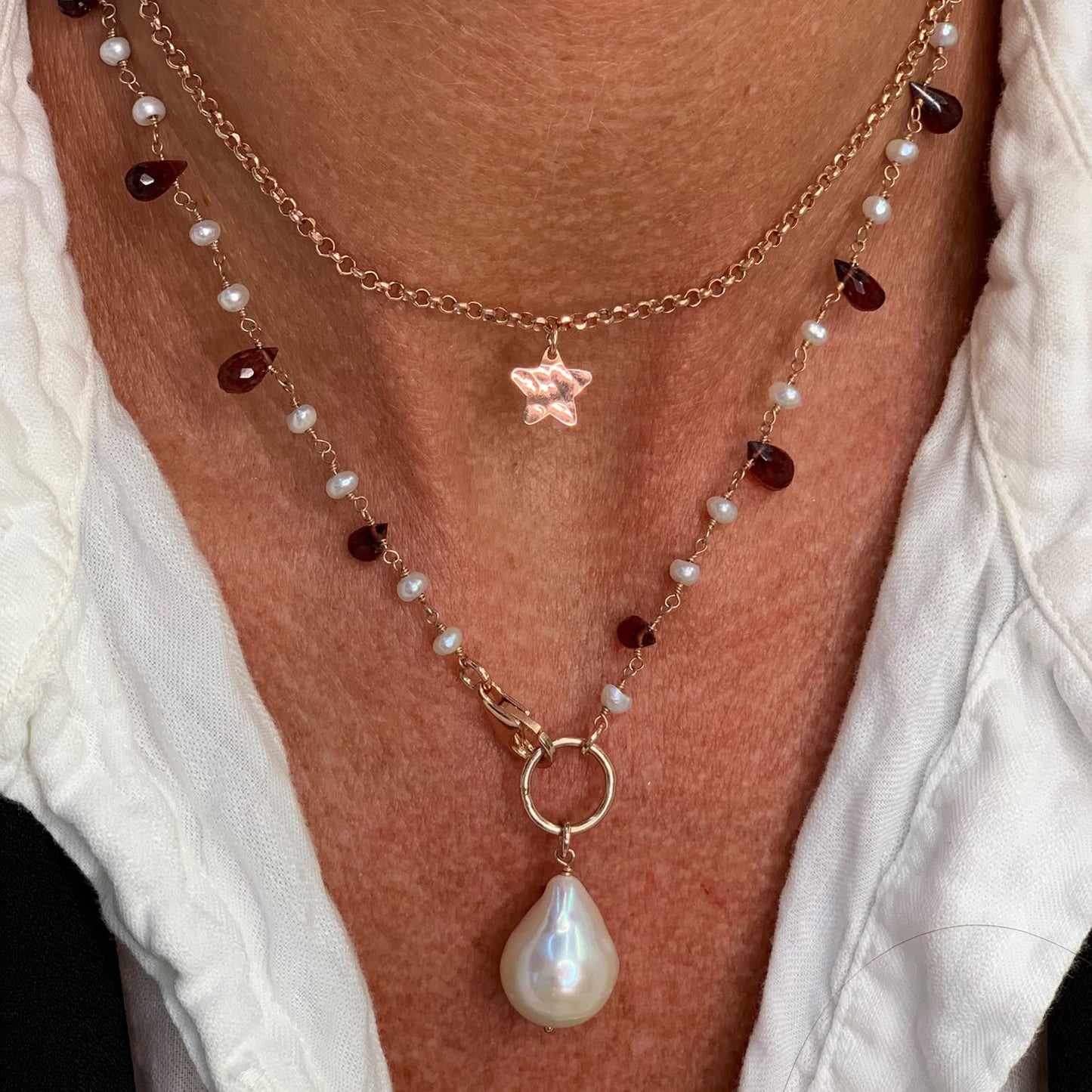 Collana magica lunga trasformabile cm 75 argento con perle e granato e perla barocca - Lumiere Bijoux