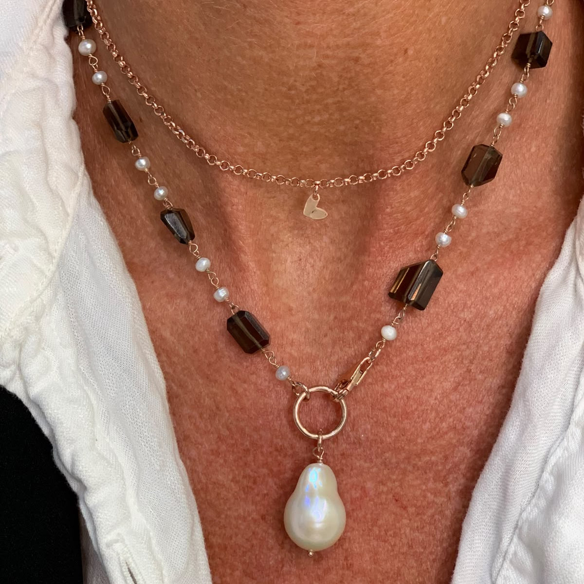 Collana magica lunga trasformabile cm 75 argento con quarzo fumé e perla barocca - Lumiere Bijoux