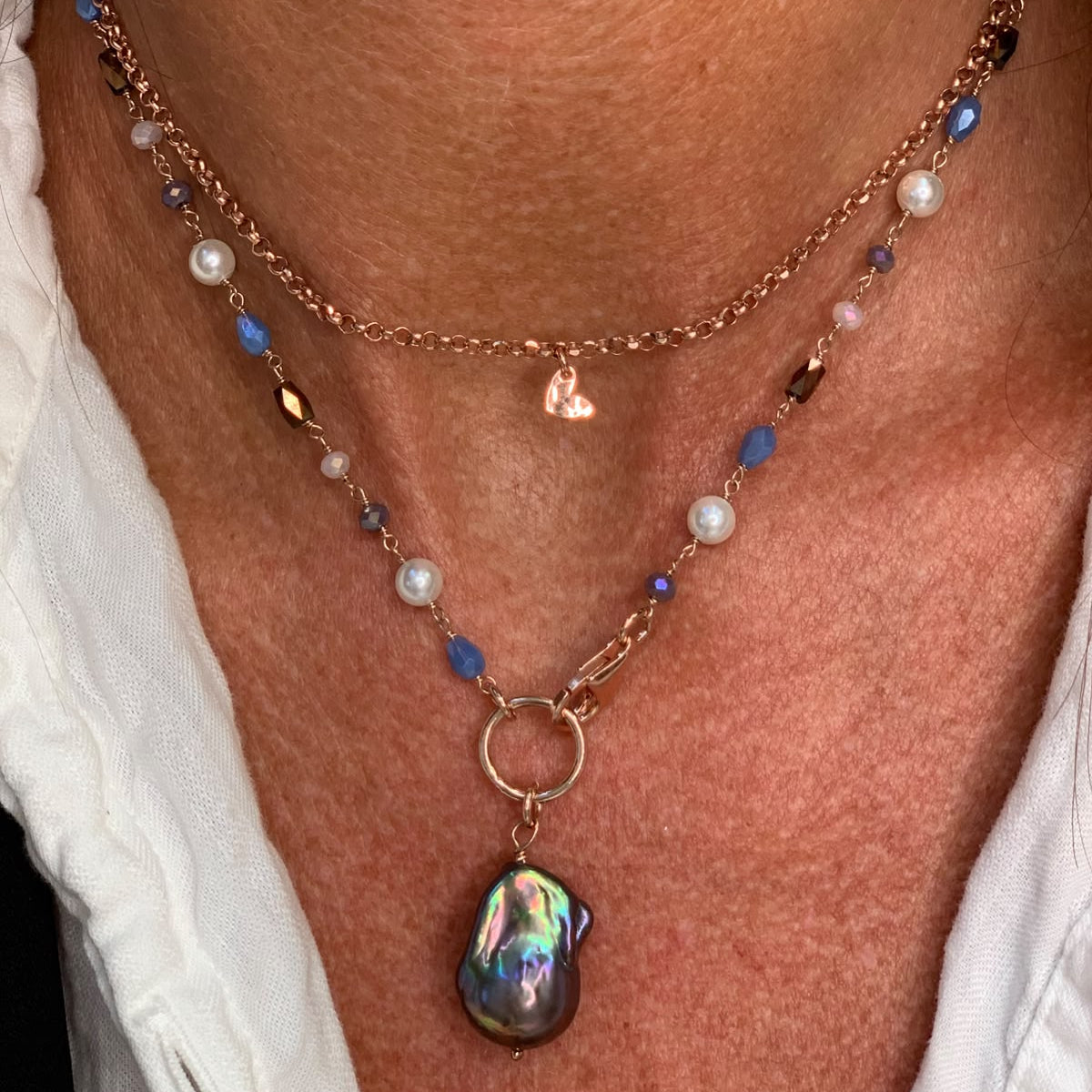 Collana magica lunga trasformabile cm 75 argento con perla barocca nera e micro cuore - Lumiere Bijoux
