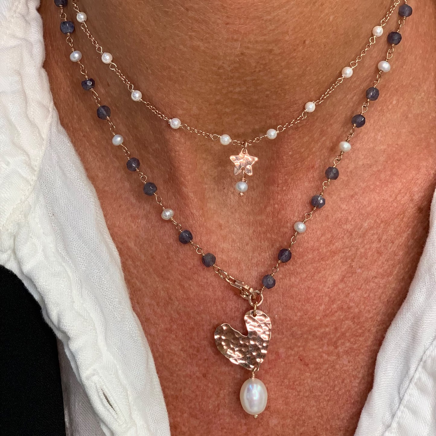 Collana magica lunga trasformabile cm 75 argento con cuore di NINI e stella battua - Lumiere Bijoux