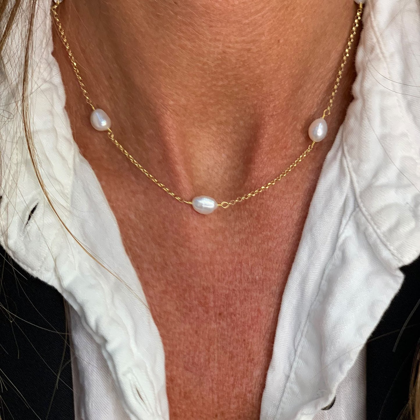 Collana catena rolò alternata da perle ovali bianche da 1 cm - Lumiere Bijoux