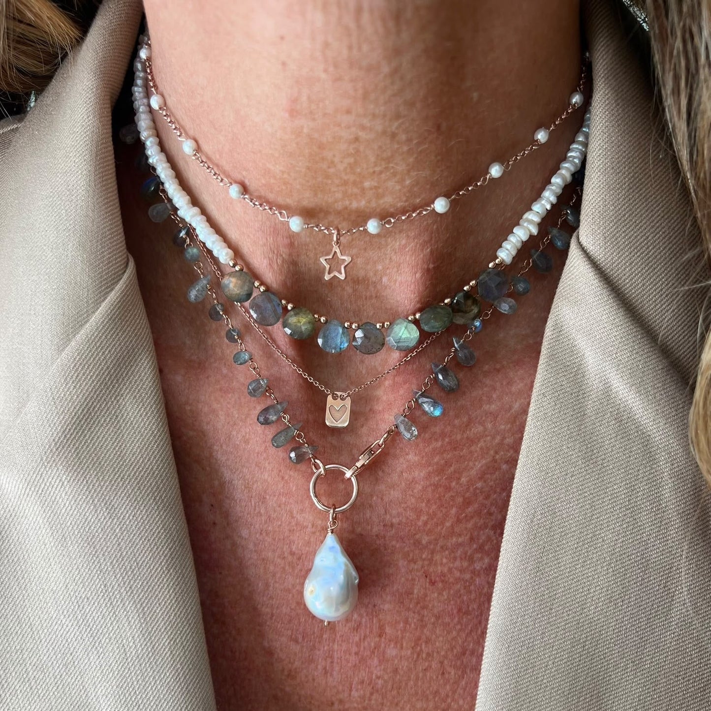 Collana magica lunga trasformabile cm 75 argento con labradorite e perla barocca - Lumiere Bijoux