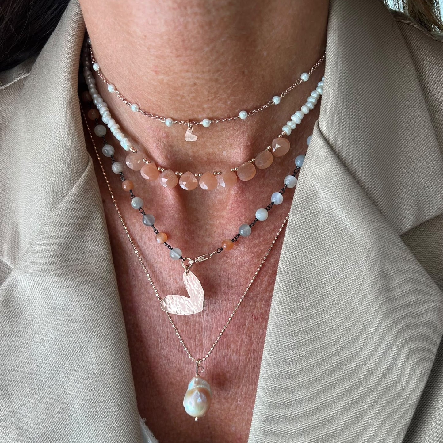 Collana magica lunga trasformabile cm 75 argento con pietra di luna e cuore bacio - Lumiere Bijoux