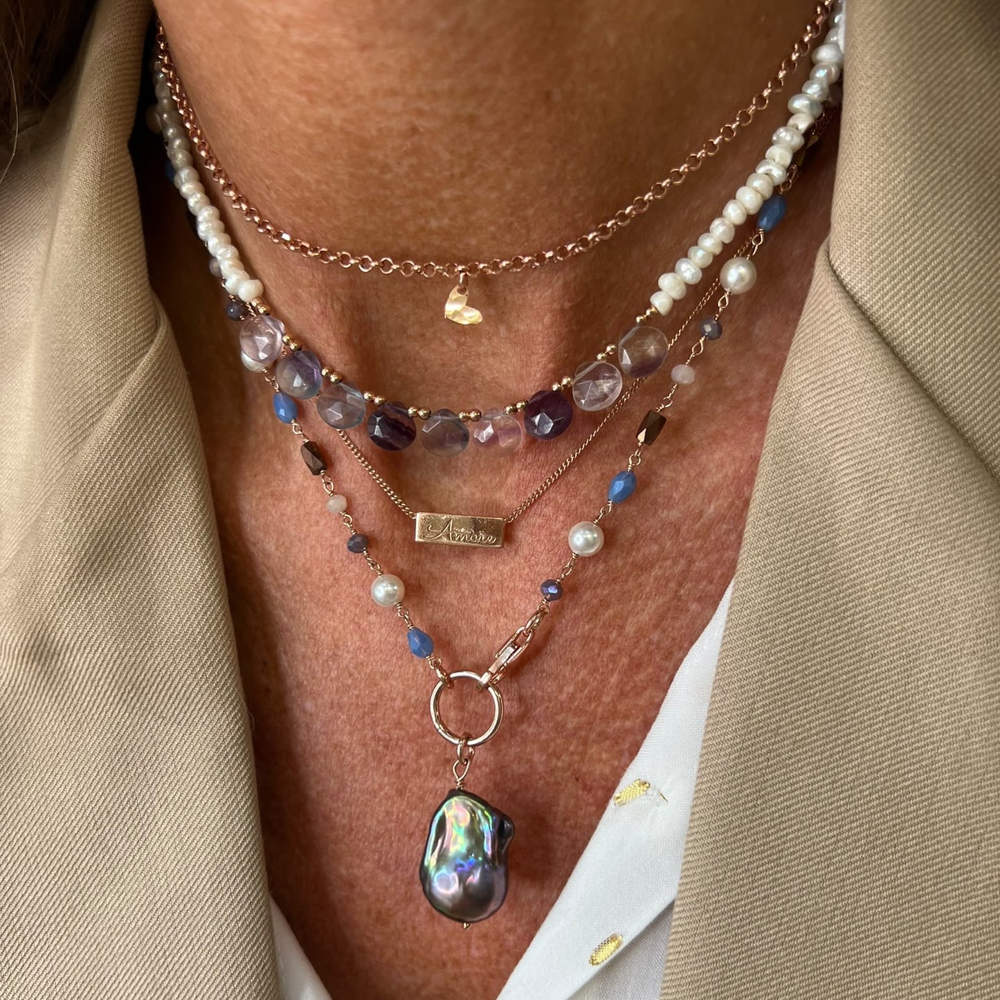 Collana magica lunga trasformabile cm 75 argento con perla barocca nera e micro cuore - Lumiere Bijoux