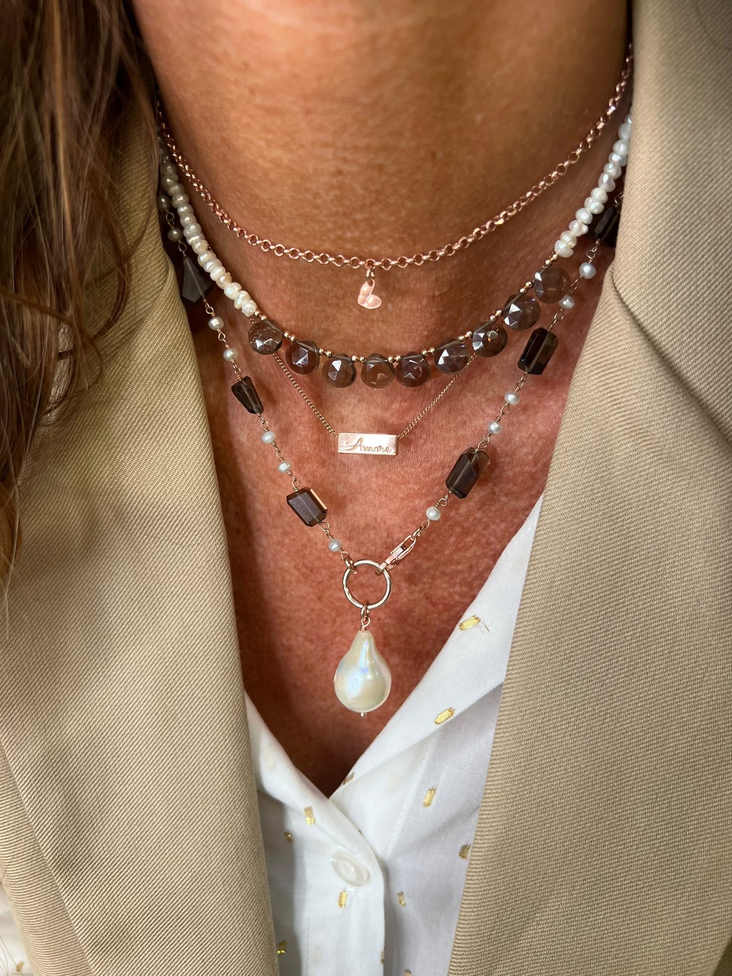 Collana magica lunga trasformabile cm 75 argento con quarzo fumé e perla barocca - Lumiere Bijoux