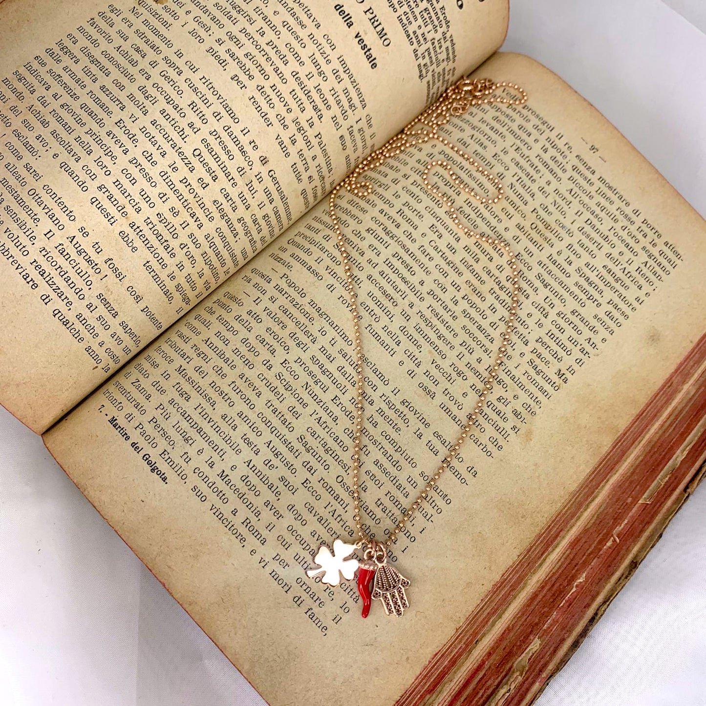 Collana Portafortuna cm 60 con catena militare diamantata e Quadrifoglio Cornetto Fatima - Lumiere Bijoux